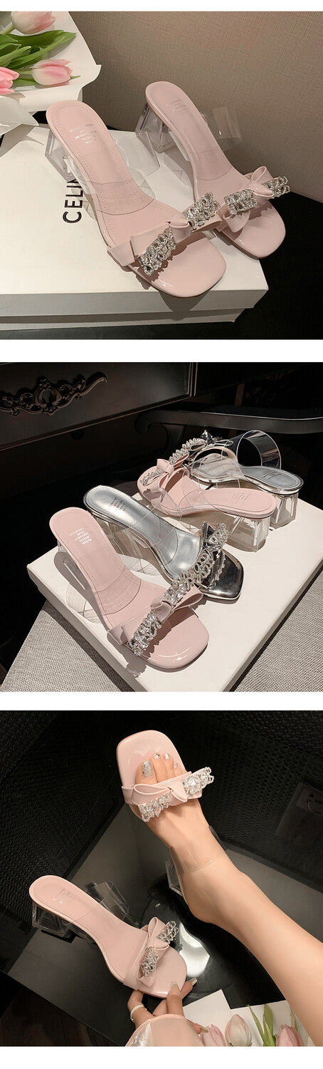 Karin Luna In Stock Summer New It's clearly a model with high traffic Rhinestone Flower Bow Crystal Heel Slippers