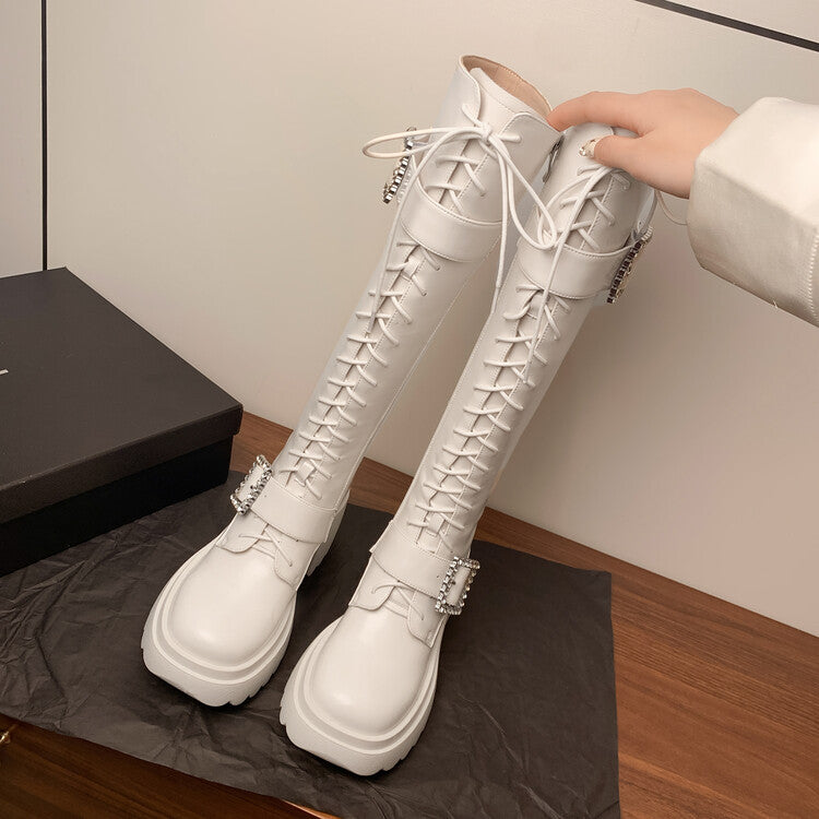 Karin Luna In Stock Spot Goods Bestselling Extended Version Rhinestone Square Buckle Thick Sole Lace-up Thick Sole Full Cowhide Knight Boots