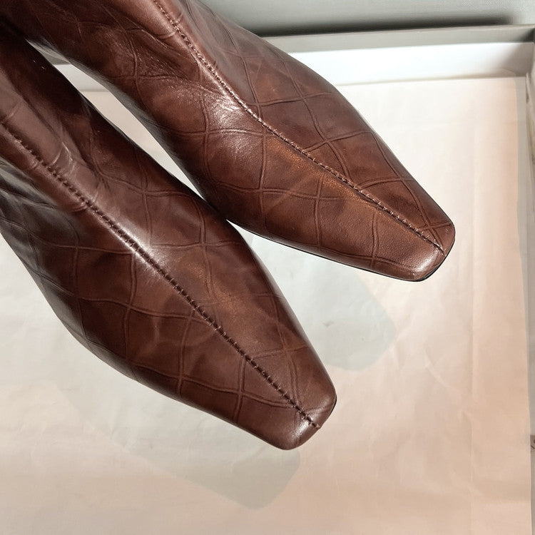 Karin Luna In Stock Spot Goods Top Layer Stone Pattern Cowhide Textured Small Square Toe Straight Short Boots