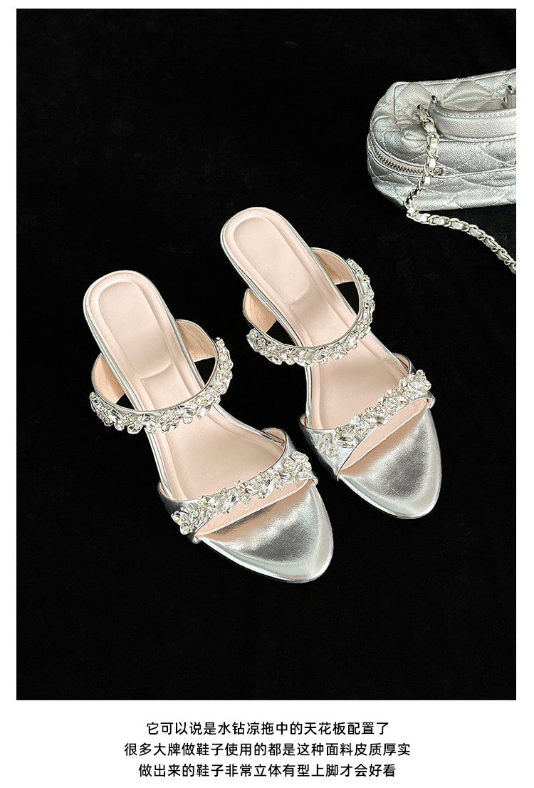 Karin Luna Exquisite Round Toe One-Strap Rhinestone Thin Heel Slippers