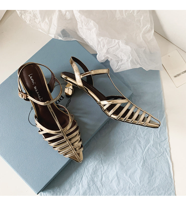 Karin Luna French Hollow Toe Metal Heel Elegant Sandals
