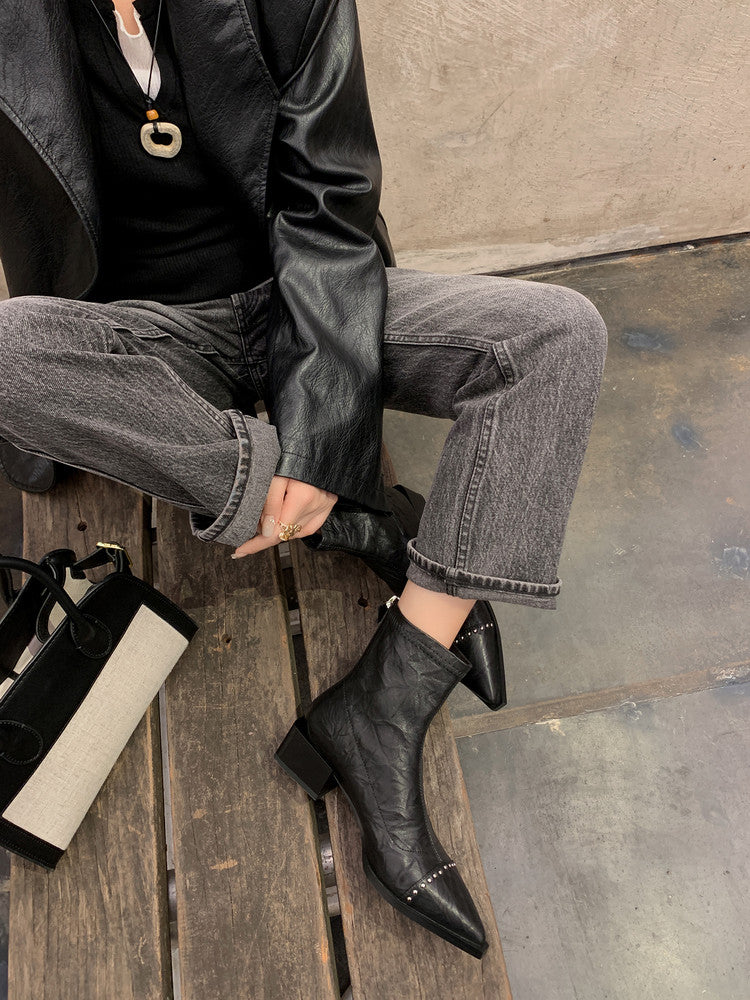 Karin Luna In Stock In Stock Slim Boots Series~Pointed Toe Rivet Slim Short Boots