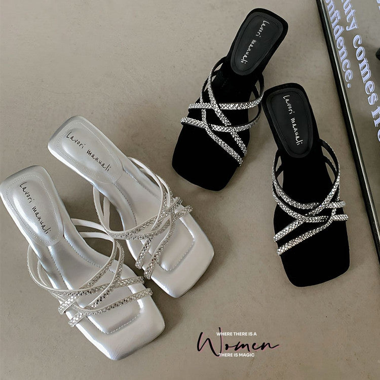 Karin Luna In Stock Spot Goods  Rhinestone Cross Strap Square Toe High Heel Slippers