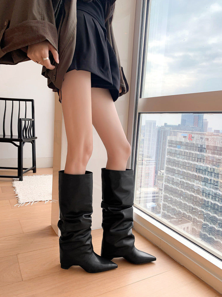 Karin Luna Elegant Style Pointed Toe Hidden Wedge Long Boots