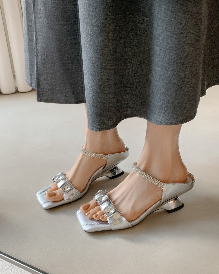 Karin Luna Bestseller Popular Rhinestone Ribbon Square Toe Slippers