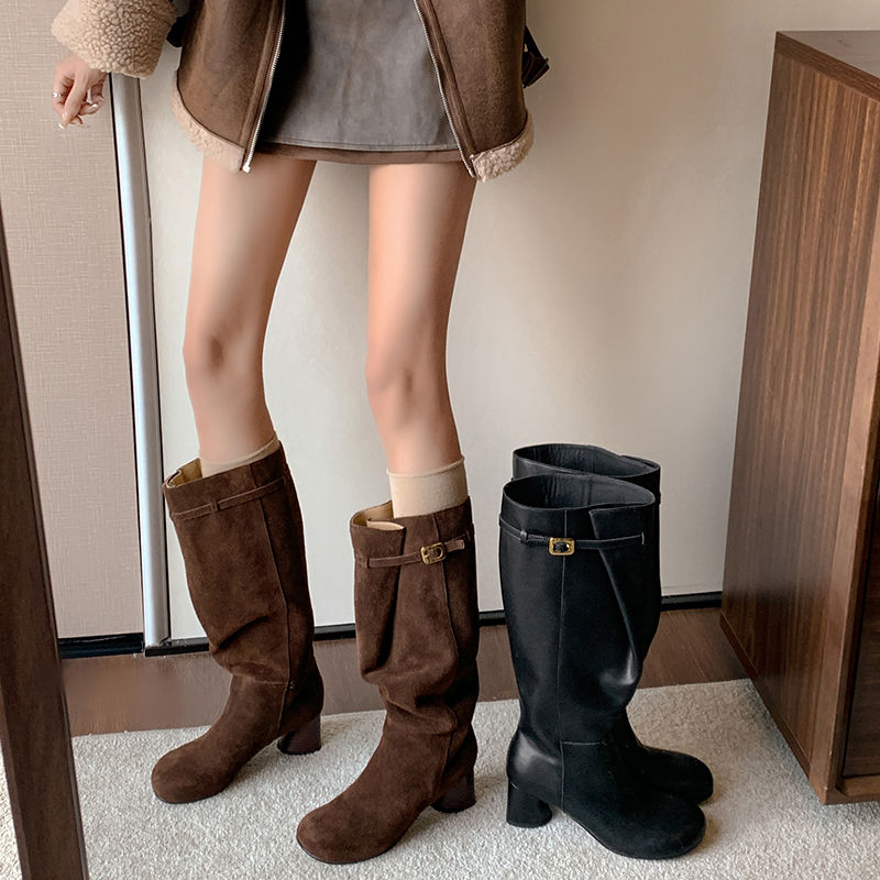 Karin Luna In Stock In Stock Mango Head Large Tube Belt Buckle Chunky Heel Long Boots