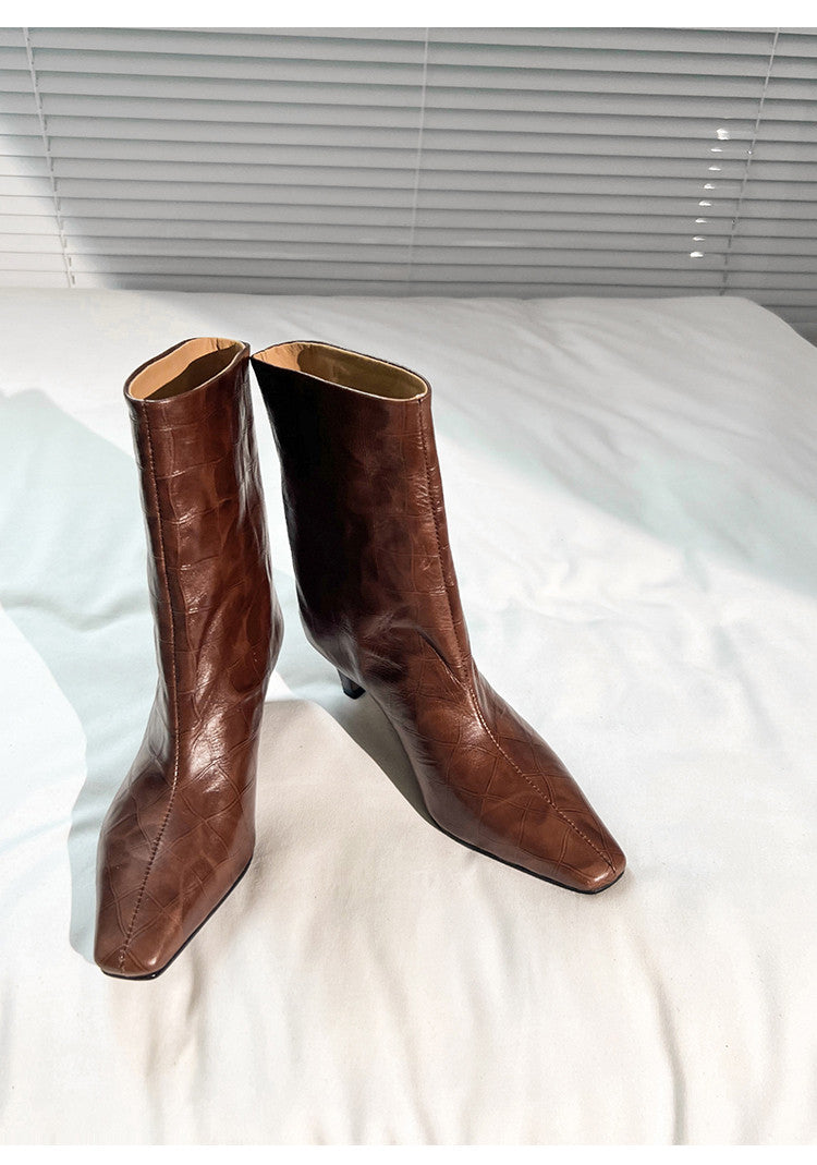 Karin Luna In Stock Spot Goods Top Layer Stone Pattern Cowhide Textured Small Square Toe Straight Short Boots