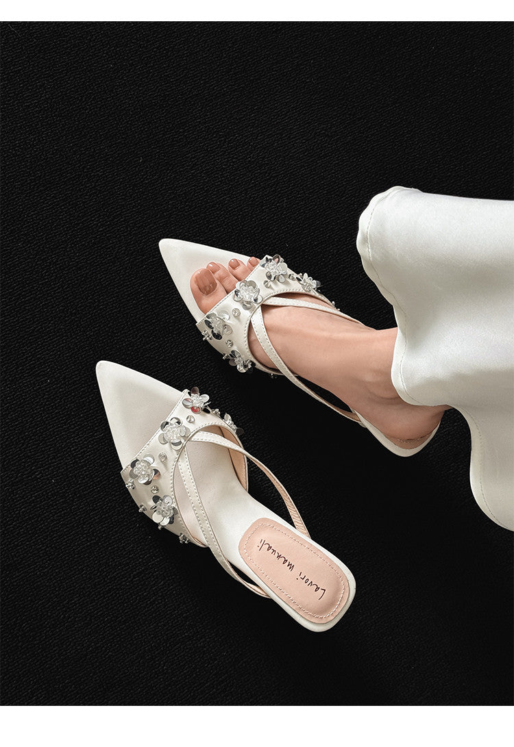 Karin Luna Bestseller Sequin Elements Elegant Pointed Toe Irregular Heel Slippers