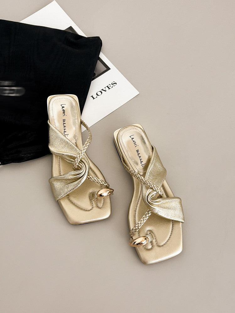Karin Luna  Square Toe Braided Cross Thick Heel Flat Slippers