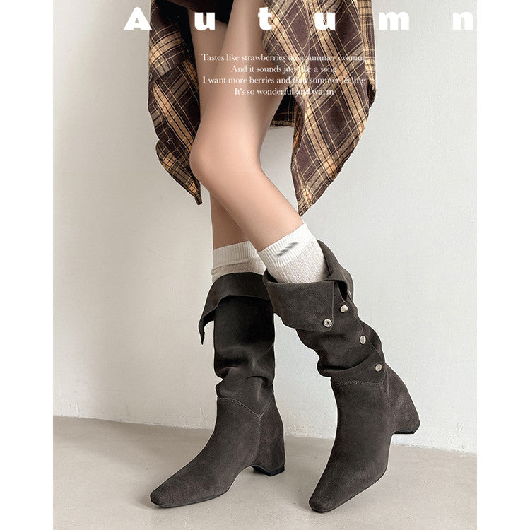 Karin Luna Bestseller Hot-Selling Hidden Buckle Lazy Style Square-Toe Height-Increasing Suede Western Boots