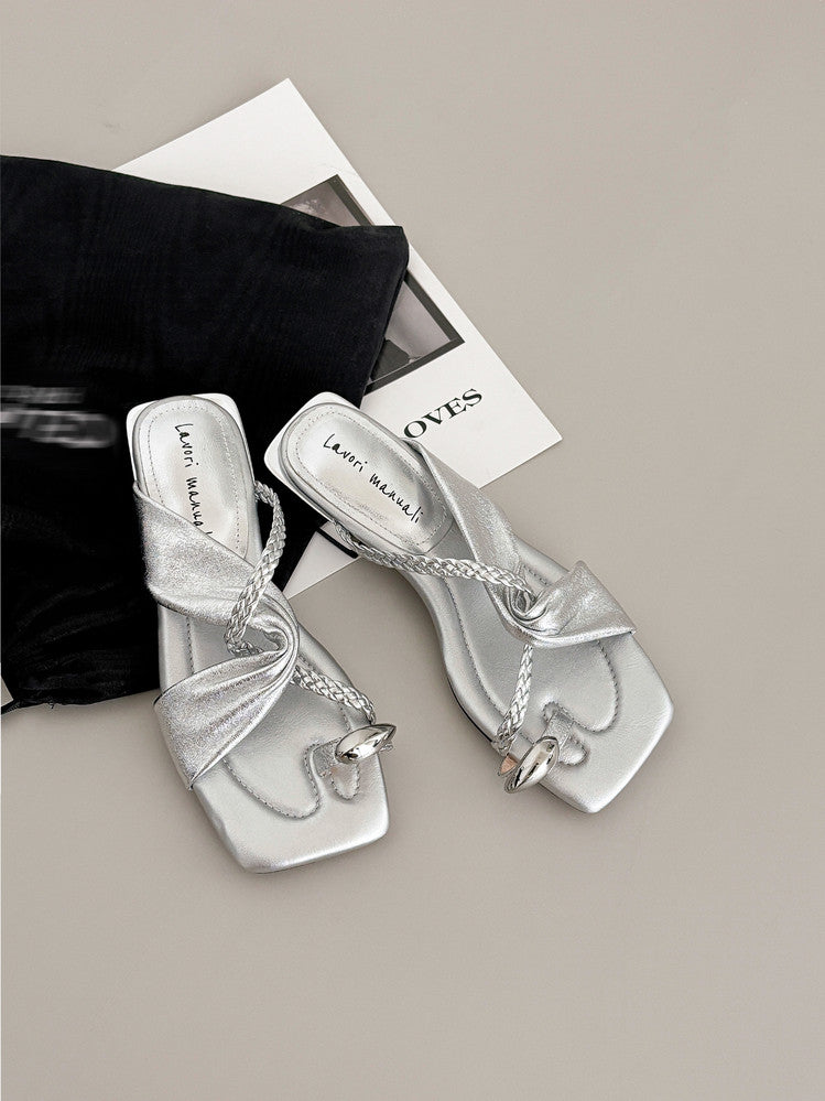 Karin Luna  Square Toe Braided Cross Thick Heel Flat Slippers
