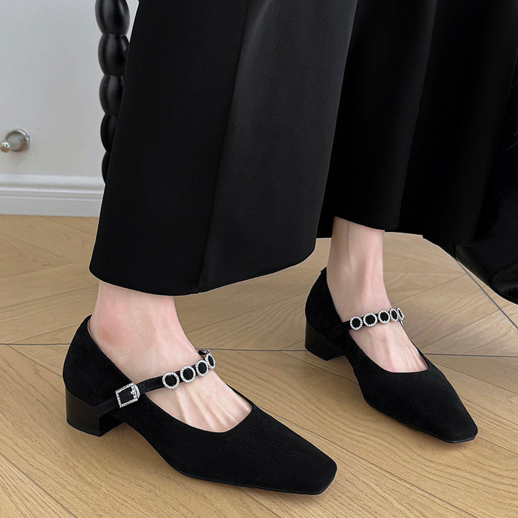 Karin Luna In Stock Spot Goods  Vintage Full Leather Square Toe Rhinestone Strap Shallow Mouth Single Shoes