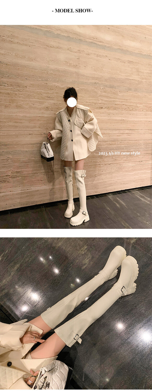Karin Luna In Stock Spot Goods  Hot-Selling Derivative Edition  Vintage Belt Buckle Thick Sole Round Toe Over-the-Knee Sheepskin Hot-Selling Long Boots