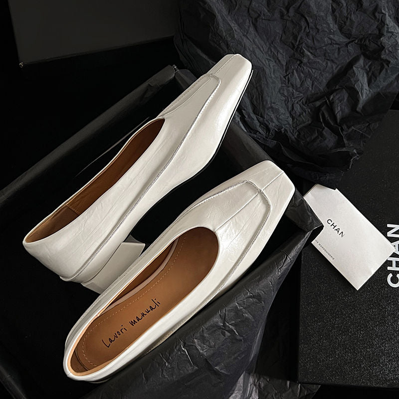 Karin Luna In Stock Spot Goods  Retro Full Leather Square Toe Shallow Mouth Single Shoes