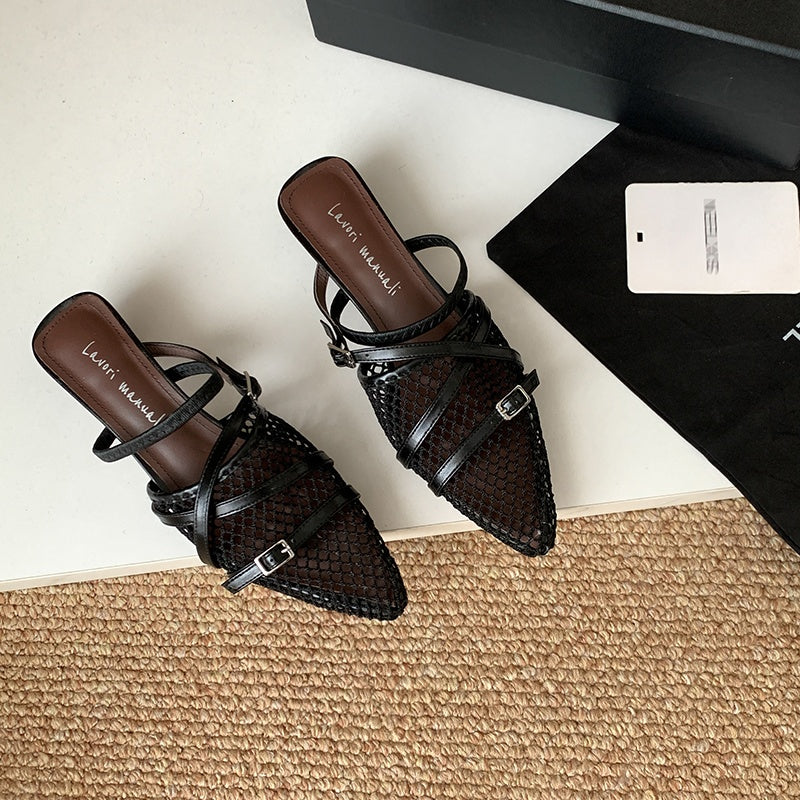 Karin Luna In Stock  Spot Goods  Mesh Series Elegant Closed-Toe Belt Buckle Slippers