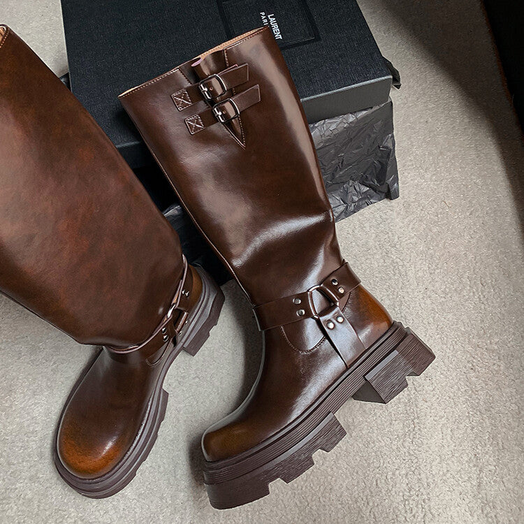 Karin Luna Full Cowhide  miumiu Popular Round Toe Thick Sole Beautiful and height-increasing