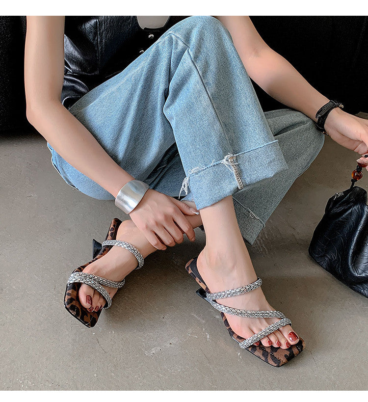 Karin Luna In Stock Spot Goods  Rhinestone One-Strap Irregular Heel Square-Toe Slippers