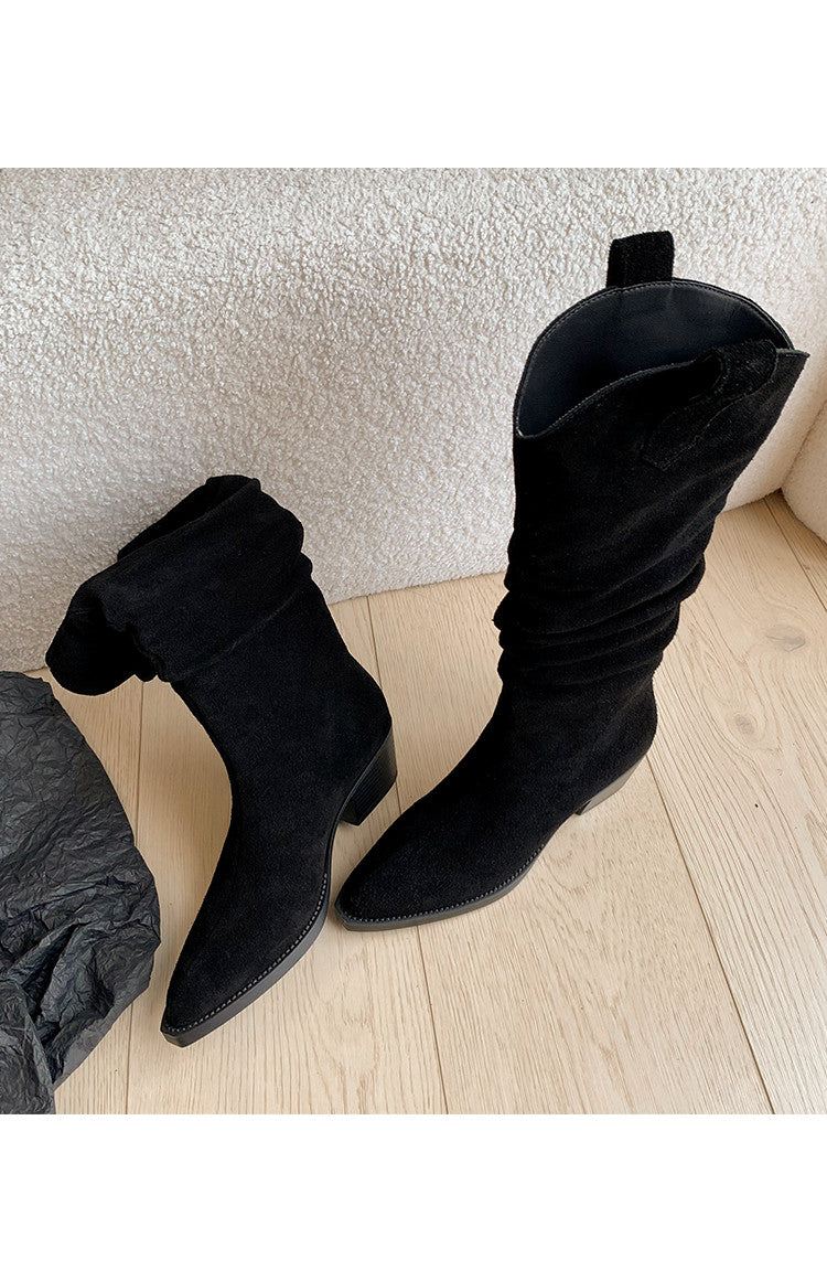 Karin Luna Elegant Style  Pointed Toe Wrinkled Wide Western Boots
