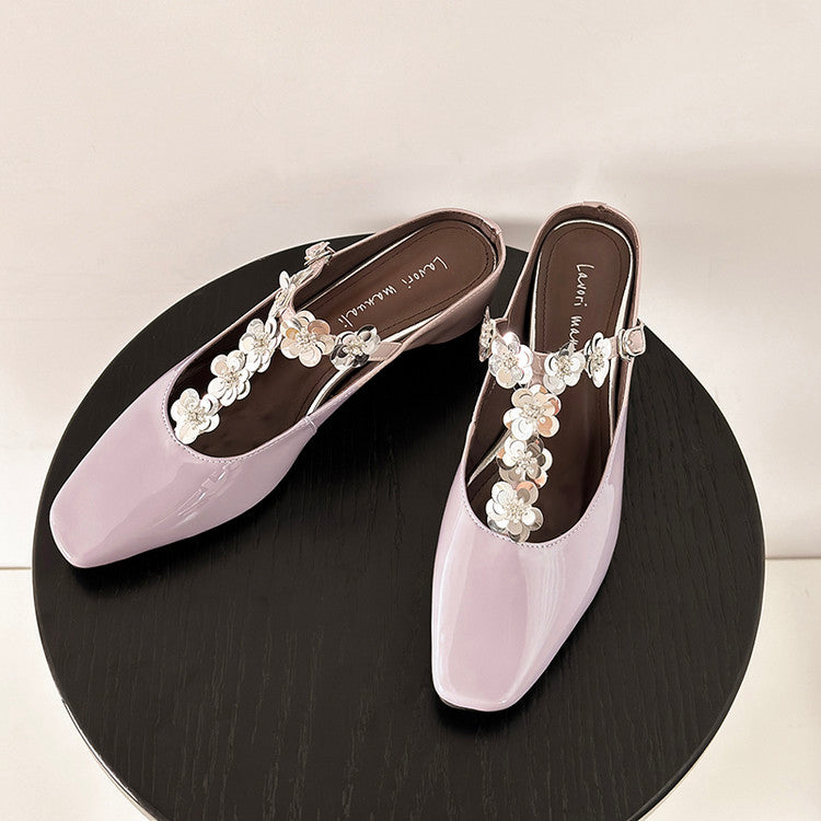 Karin Luna In Stock Spot Goods  T Handmade Sequin Flower Square Toe Height-Increasing Closed-Toe Slippers