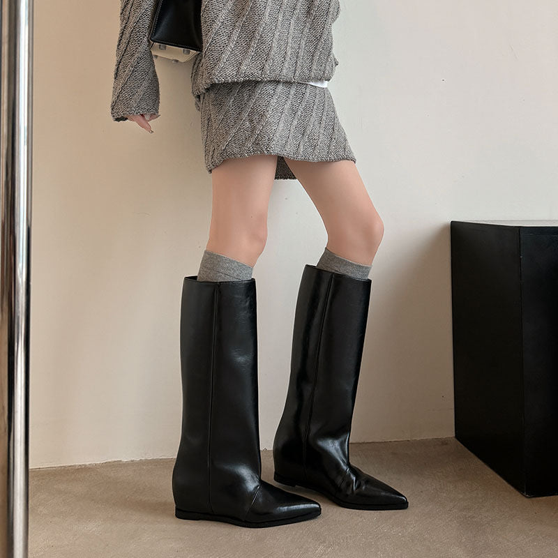 Karin Luna Elegant Style Pointed Toe Internal Height Increase Slip-On Long Boots