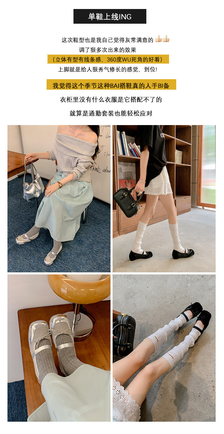 Karin Luna In Stock Spot Goods    Color Block Cowhide Leather Square Toe Slip-On Height Increasing Bowknot Flats
