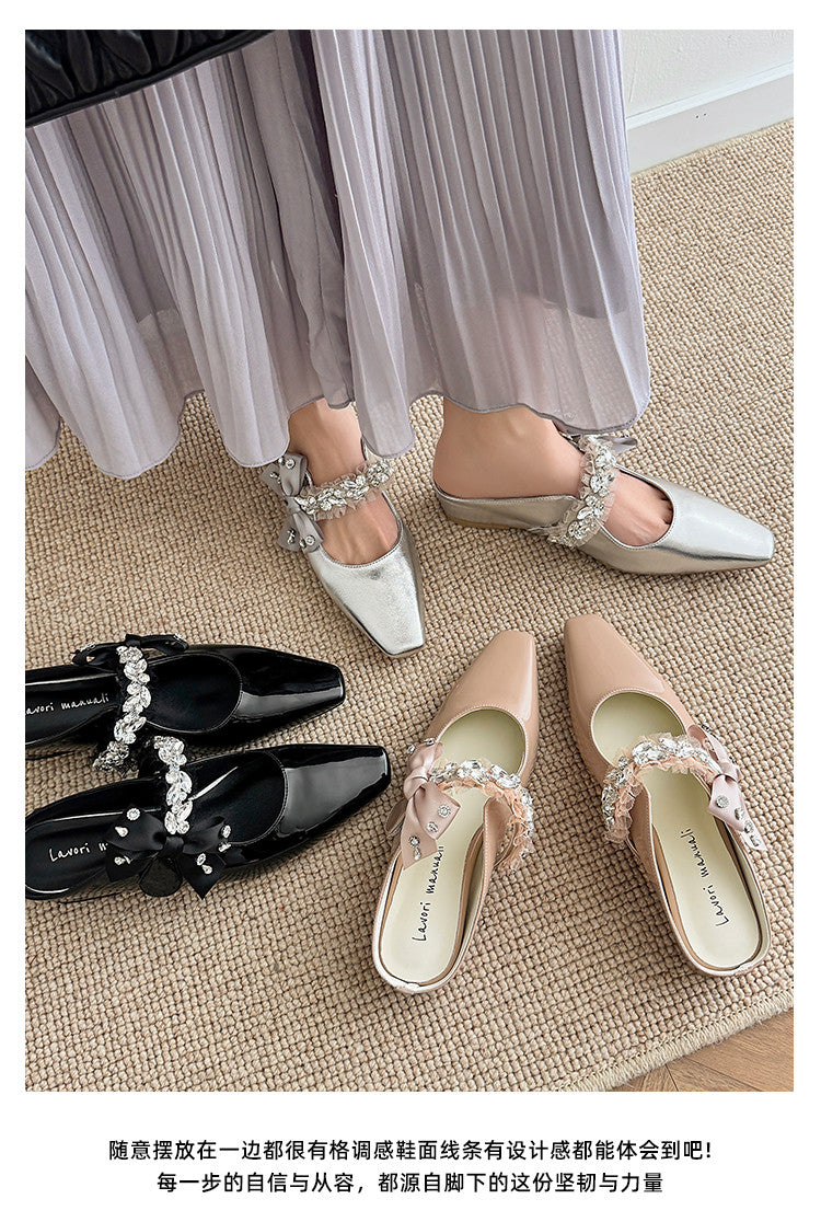 Karin Luna Handmade One-Strap Rhinestone Ribbon Square-Toe Mules