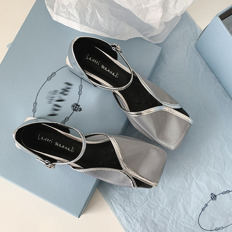 Karin Luna In Stock In Stock  Internet Celebrity Style Square Toe Mesh Chunky Heel Sandals