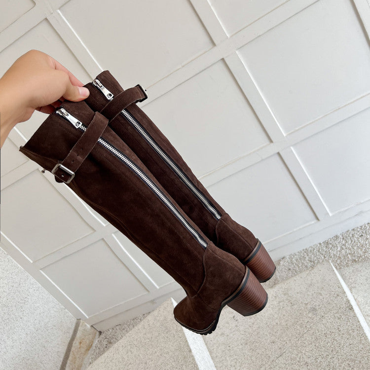 Karin Luna In Stock Spot Goods Retro Cowhide Leather Chunky Heel Suede Long Boots