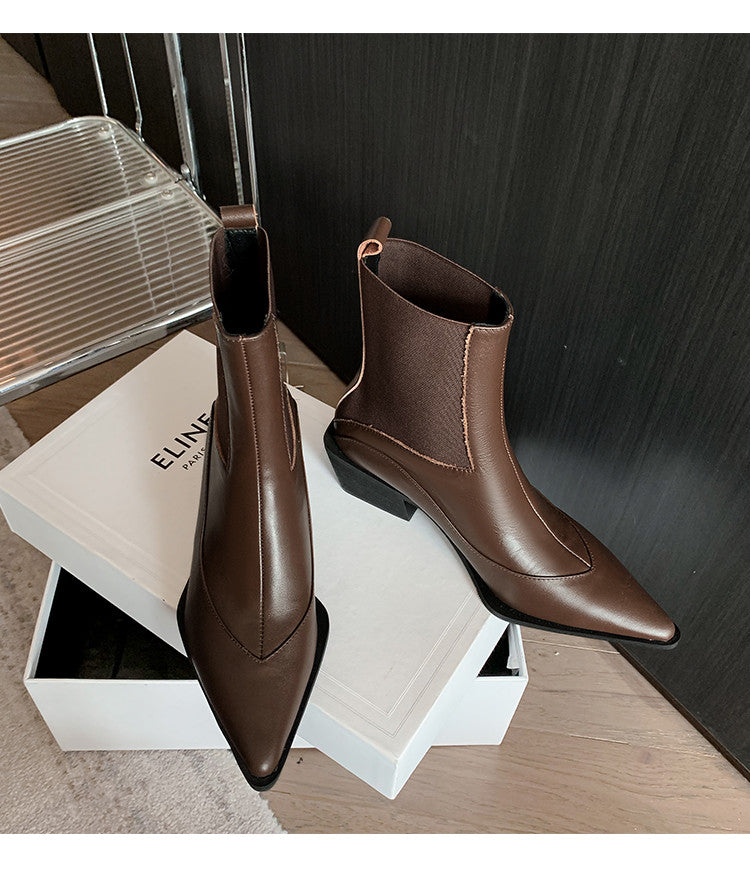 Karin Luna In Stock Spot Goods   Elegant Pointed Toe Chunky Heel Ankle Boots