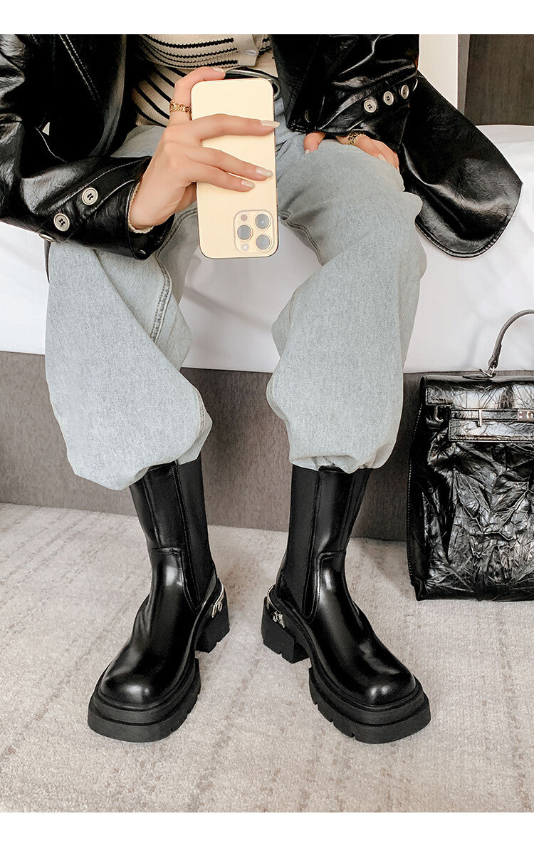 Karin Luna da Brand Series~Rear Metal Decoration Thick Sole Stretch Boots