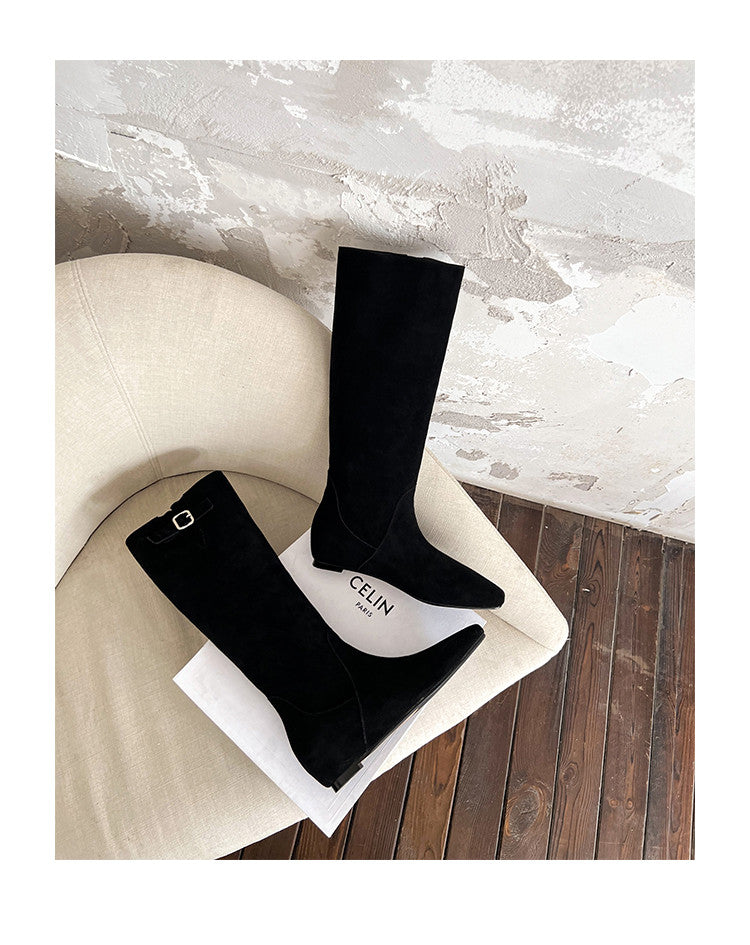 Karin Luna In Stock Spot Goods Vintage Cowhide Leather Chunky Heel Height Increasing Long Boots