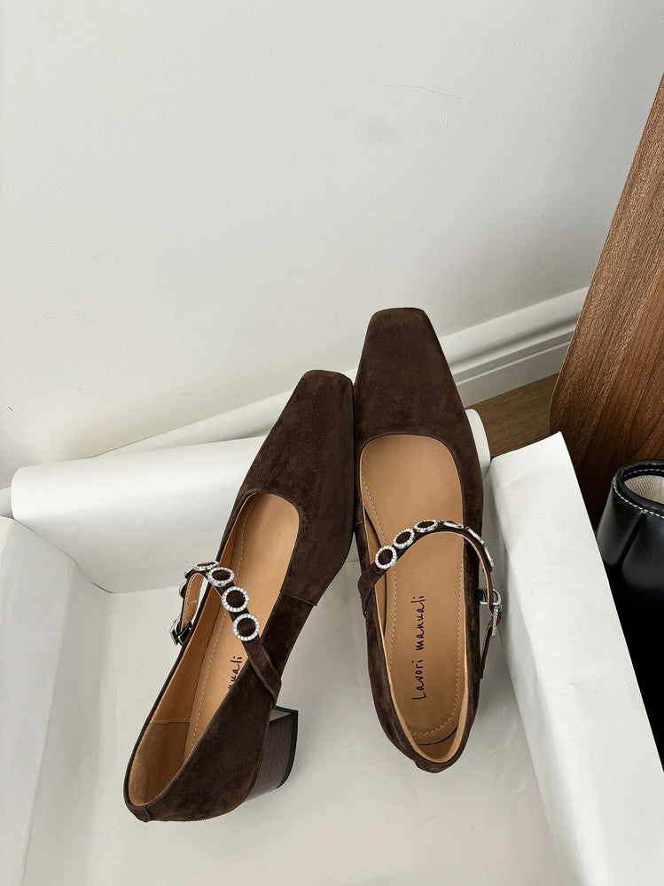 Karin Luna In Stock Spot Goods  Vintage Full Leather Square Toe Rhinestone Strap Shallow Mouth Single Shoes