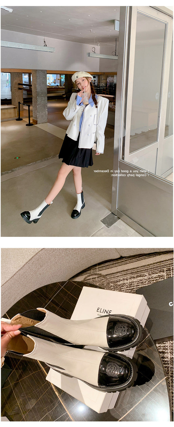 Karin Luna In Stock Spot Goods  Classic Embroidered Camellia Round Toe Thick Sole Chelsea Boots