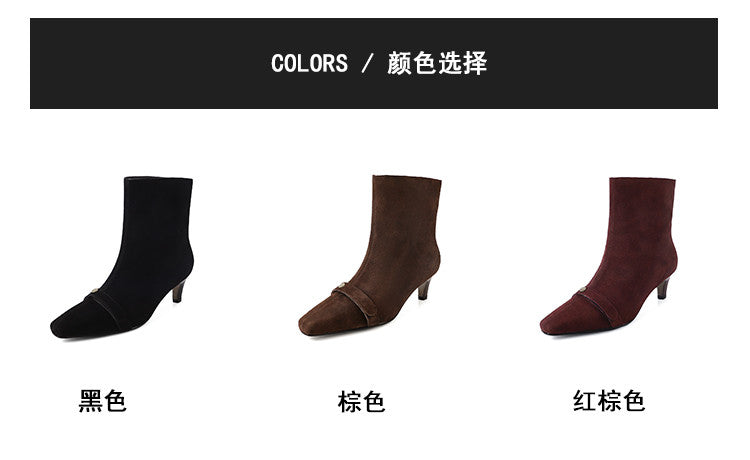 Karin Luna Elegant Style Small Square Toe Belt Buckle Thin Heel Short Boots