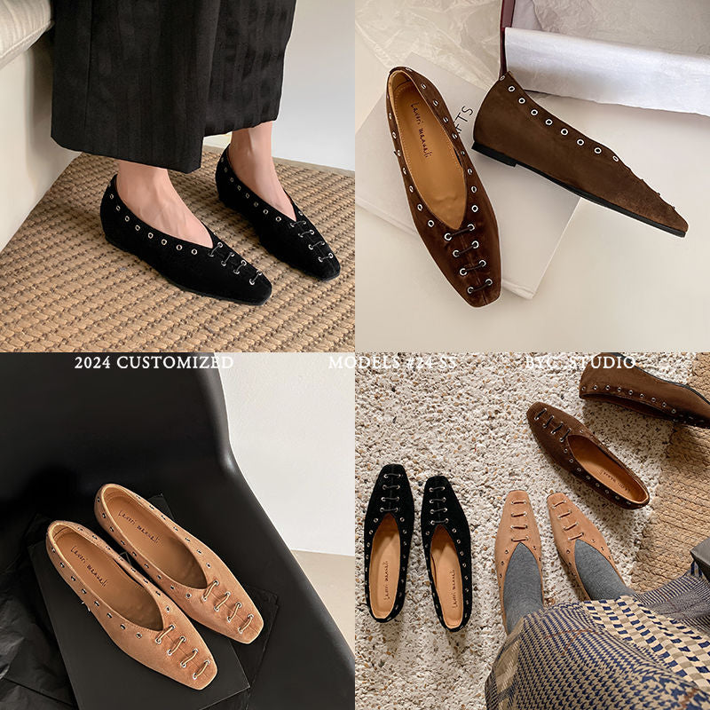 Karin Luna In Stock Spot Goods    Old Money Style Square Toe Suede Flats