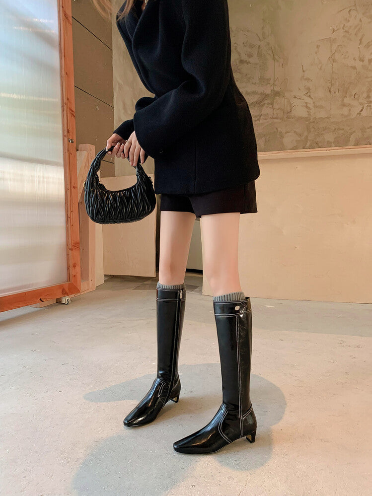 Karin Luna In Stock Spot Goods  Vintage Open Stitch Small Square Toe High Heel Side Zipper Riding Boots