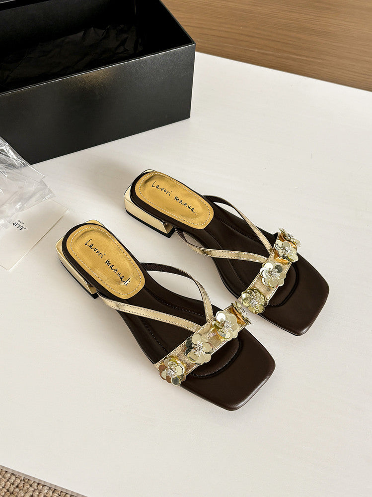 Karin Luna In Stock Spot Goods  One-Strap Sequin Floral Square-Toe Flat Slippers