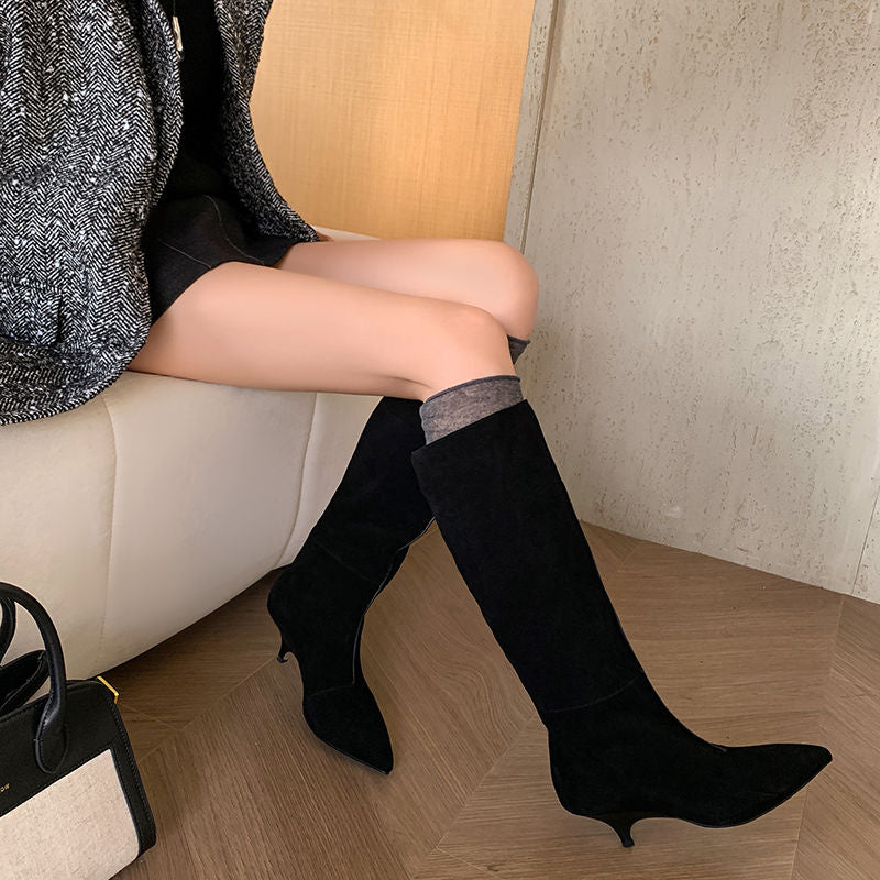 Karin Luna In Stock Spot Goods Retro Cowhide Pointed Toe Stiletto Elegant Long Boots