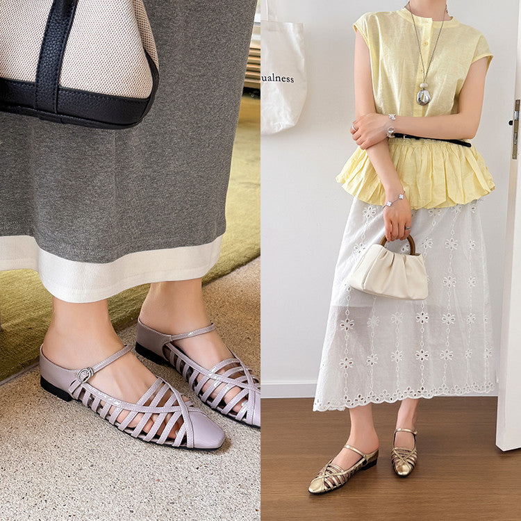 Karin Luna In Stock Spot Goods   French Retro Hollow Small Square Toe One-Strap Slippers