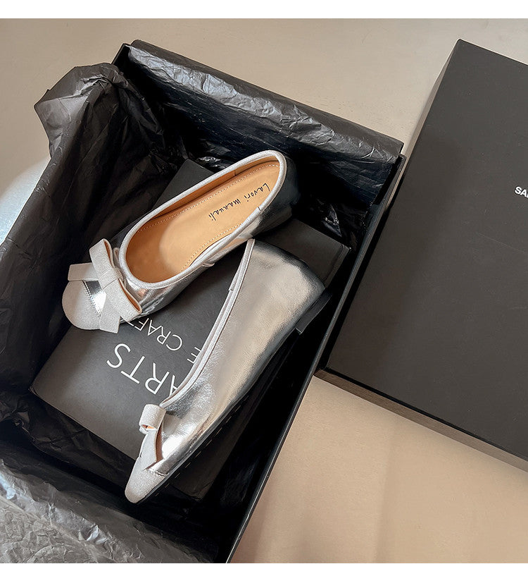 Karin Luna In Stock Spot Goods    Color Block Sweet Bowknot Hidden Wedge Shallow Mouth Flats