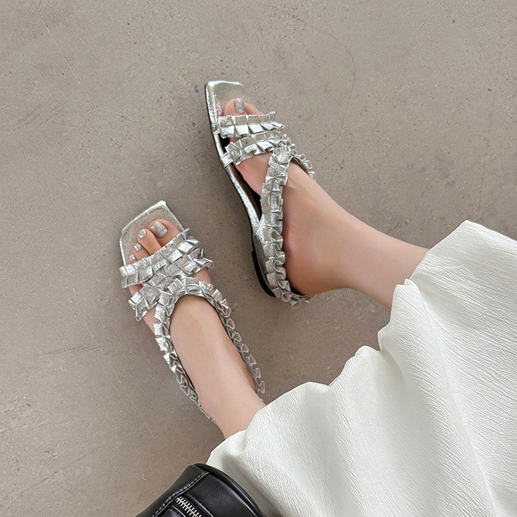 Karin Luna In Stock   Spot Goods  Niche Design Square-Toed Pleated Flat Slippers