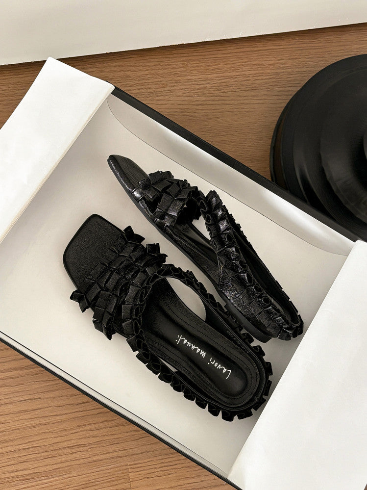 Karin Luna In Stock   Spot Goods  Niche Design Square-Toed Pleated Flat Slippers