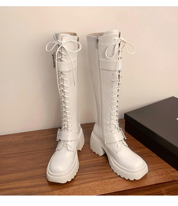 Karin Luna In Stock Spot Goods Bestselling Extended Version Rhinestone Square Buckle Thick Sole Lace-up Thick Sole Full Cowhide Knight Boots