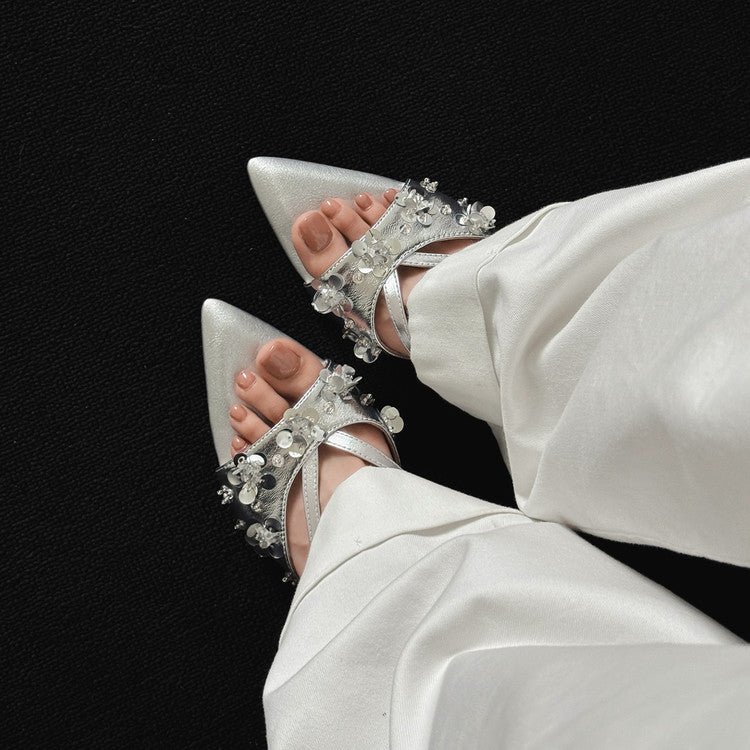 Karin Luna Bestseller Sequin Elements Elegant Pointed Toe Irregular Heel Slippers