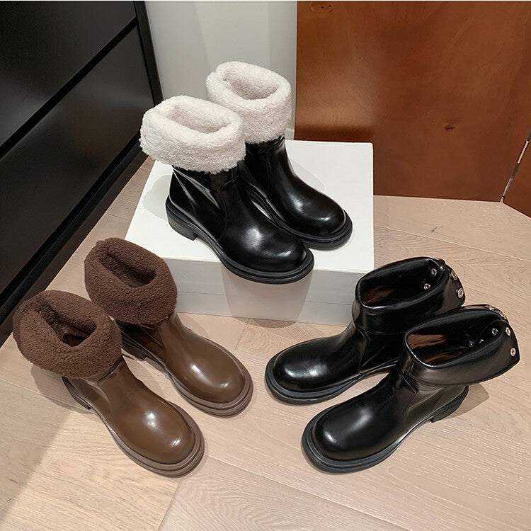 Karin Luna Classic Basic Style   Convertible Foldable Hidden Buckle Snow Fur Shoes Full cowhide Basic Flat Short Boots