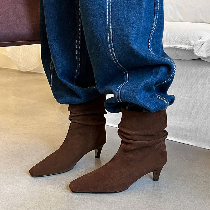 Karin Luna In Stock Spot Goods  Retro Wrinkled Small Square Toe Short Boots
