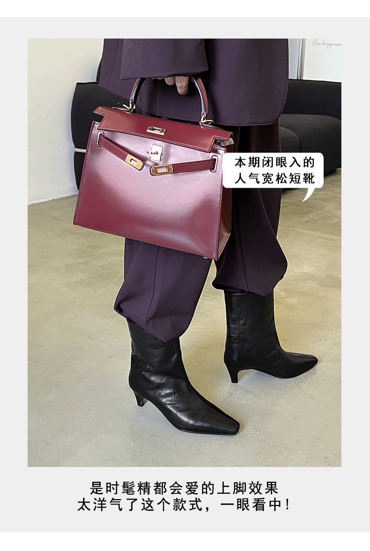 Karin Luna In Stock Spot Goods Top Layer Stone Pattern Cowhide Textured Small Square Toe Straight Short Boots