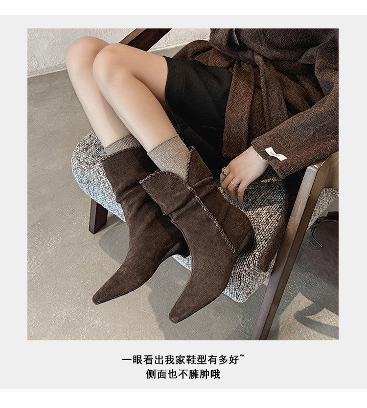 Karin Luna Elegant Style Small Square Toe Pleated Short Boots