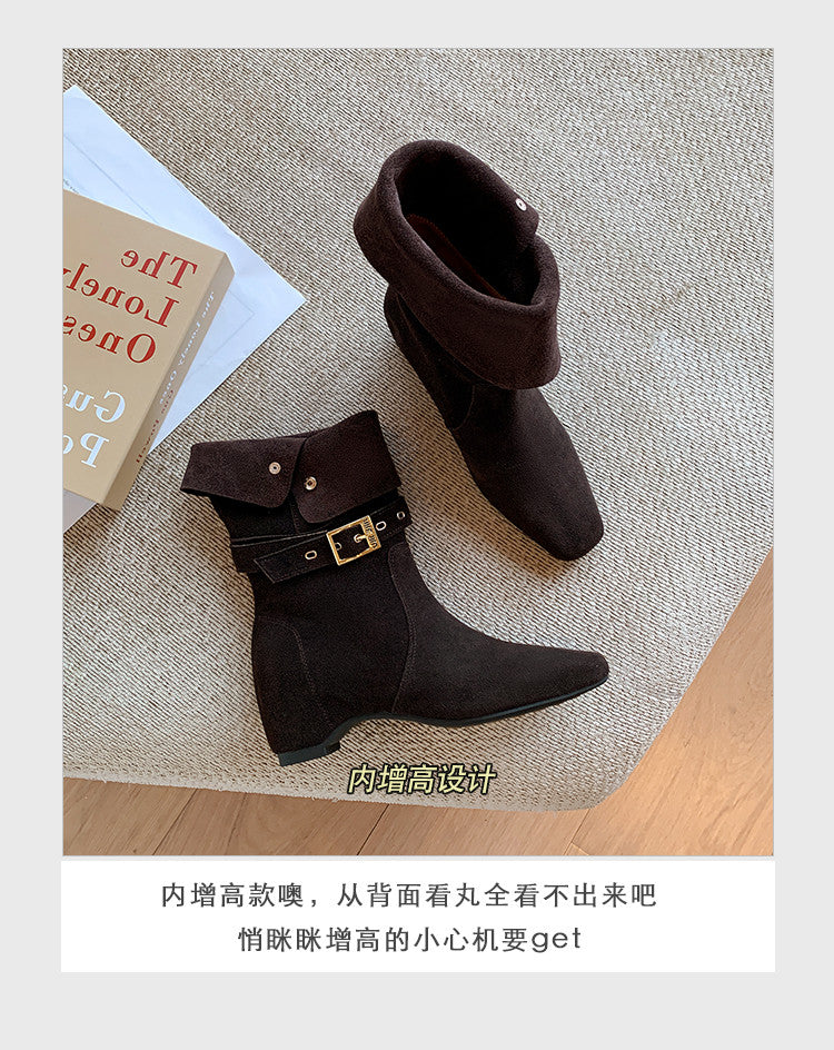 Karin Luna Foldable Belt Buckle Square Toe Hidden Wedge Short Boots