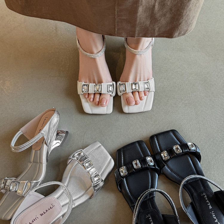 Karin Luna Bestseller Popular Rhinestone Ribbon Square Toe Slippers